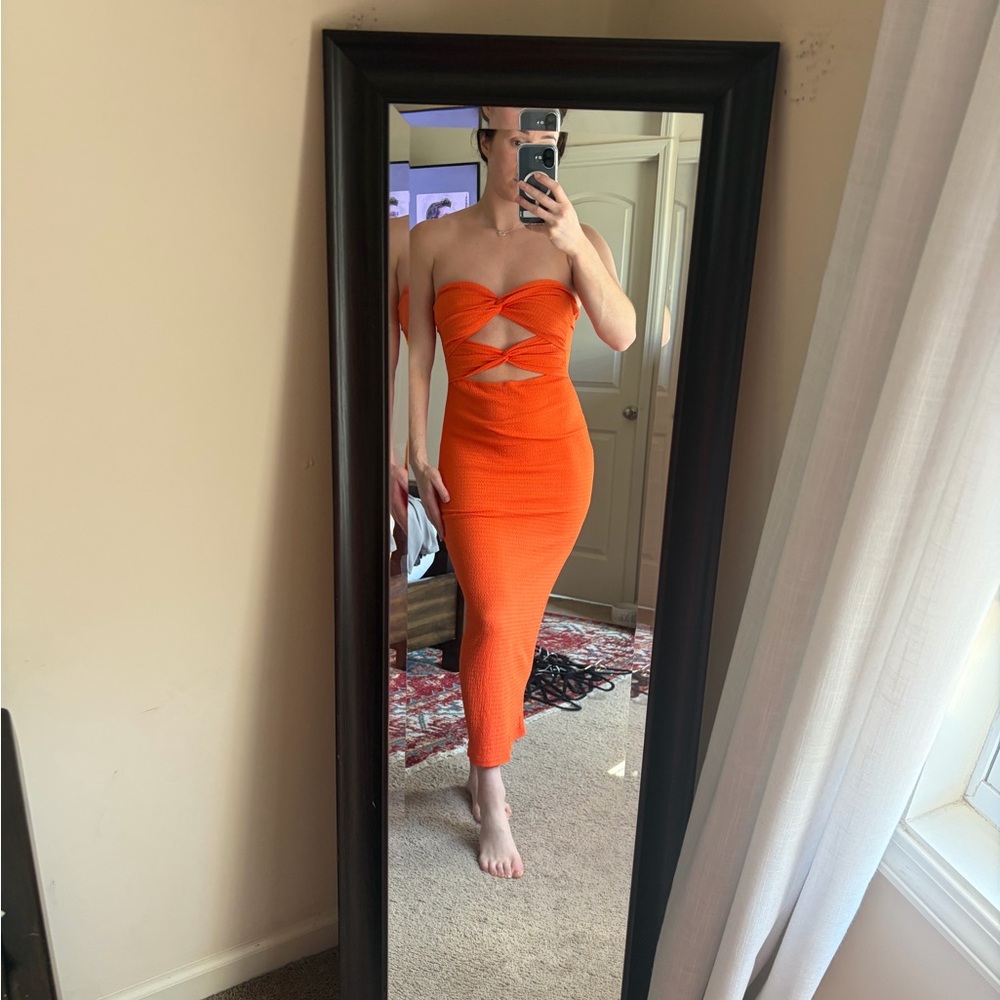 SHEIN Neon Orange Strapless Cutout Midi Dress